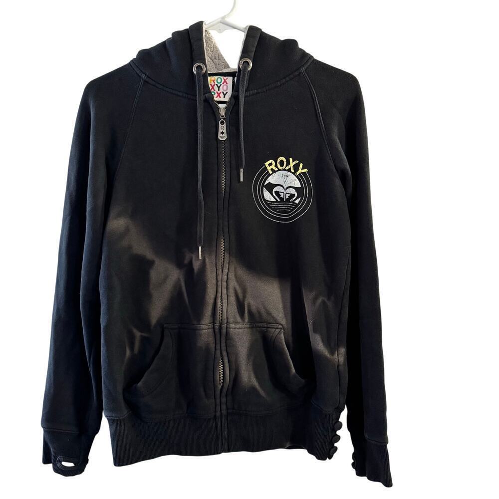 Roxy Y2K 90s Full Zip Sherpa Lined Black Hoodie Size Large Thrashed Grunge